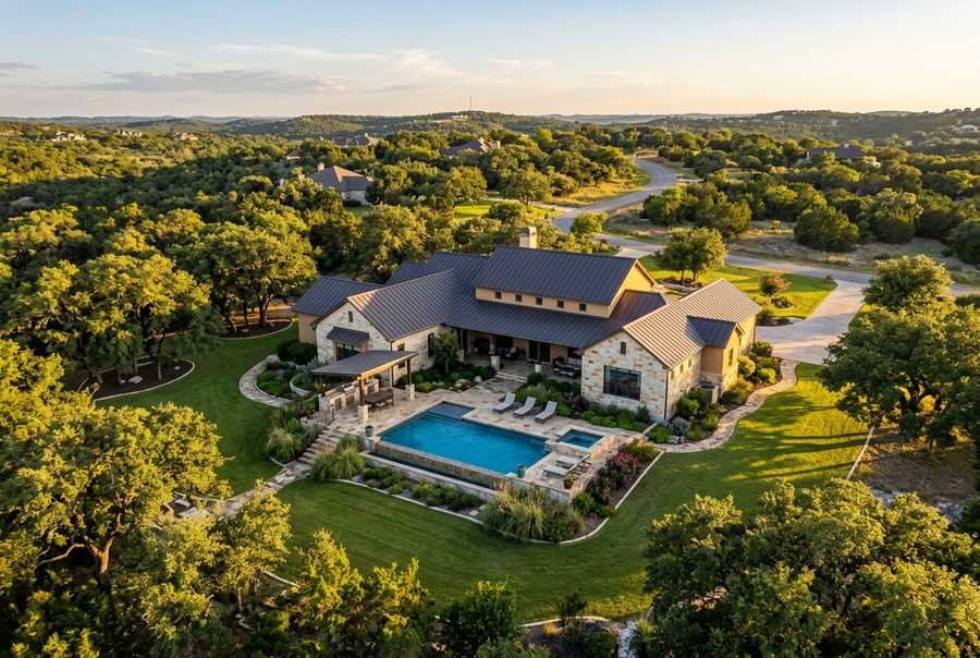 Elevated aerial of a hill country home on a large lot at golden hour