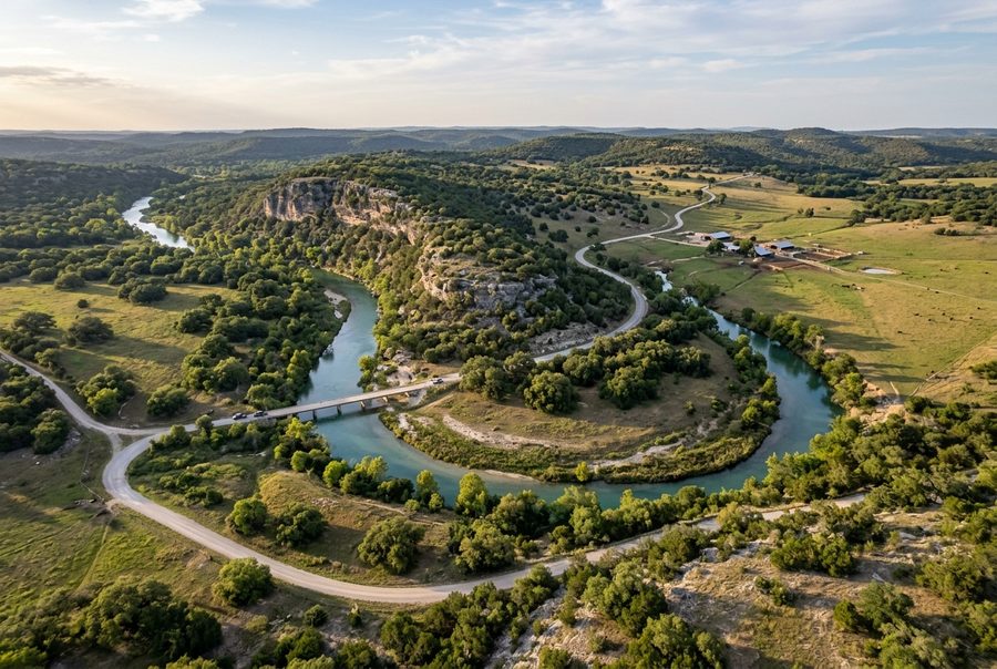 Wide aerial of Texas hill country land