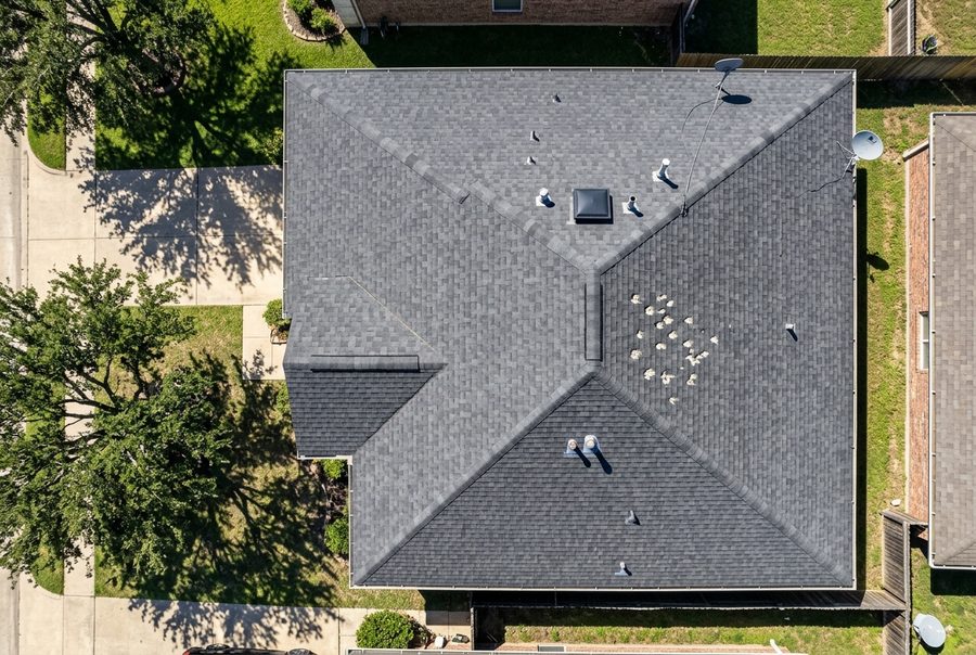 Straight-down aerial view of a shingle roof with hail impact marks