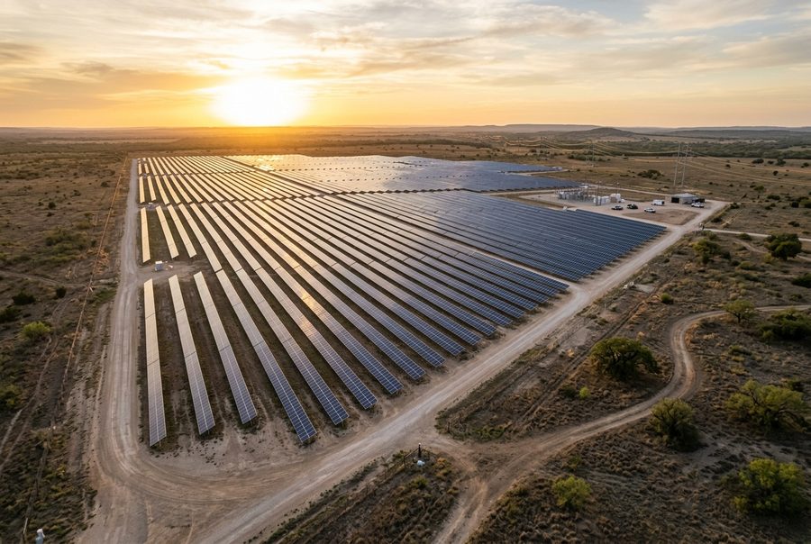 Aerial view of utility-scale solar panel rows at golden hour